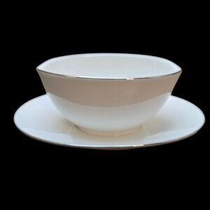 VTG Noritake Ivory China Gravy Boat Fixed Underplate‎ Silver Trim